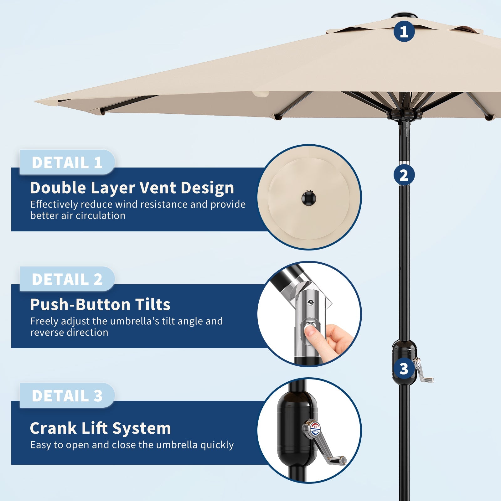 Garvee 9 ft Outdoor Patio Umbrella with 8 Sturdy Ribs, Crank Lift, Push-Button Tilt & UV-Resistant Waterproof Canopy for Pool, Deck, Yard & Garden, Light Beige