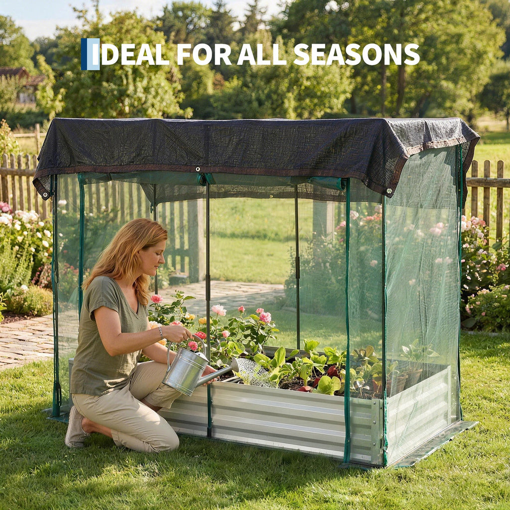 Garvee Silver Galvanized Raised Garden Bed with Crop Cage, 6×3×1ft Metal Planter Box with Plant Protection Net & Shade Cloth Roof, Zippered Doors Outdoor Garden Bed for Vegetables Herbs Flowers