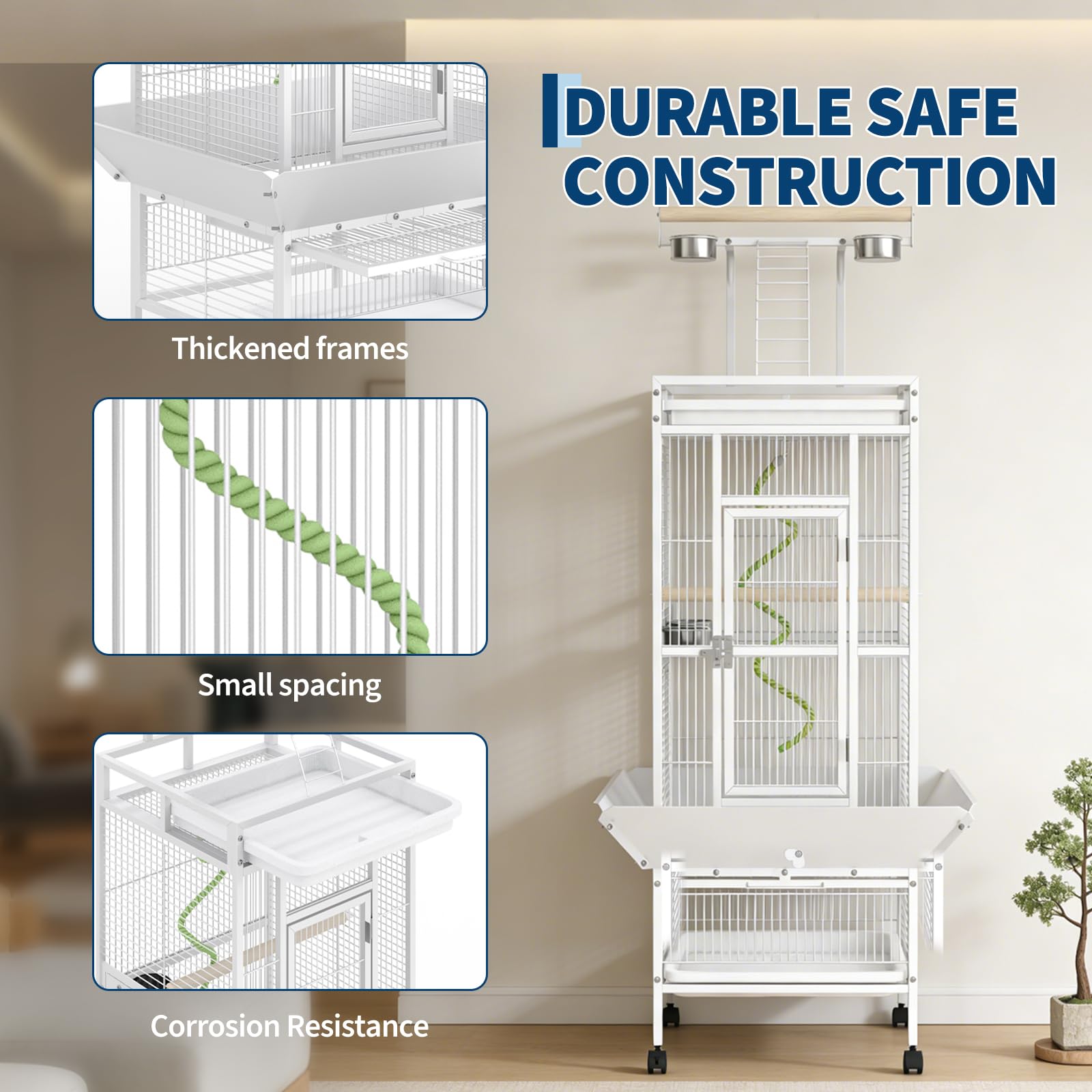 Garvee 60"h Bird Cage, Parakeet Cage with Playtop, Bird Rope Perche, Feed Bowls, White Parrot Cage for Parakeets, Conures, Cockatiel, Cockatoo