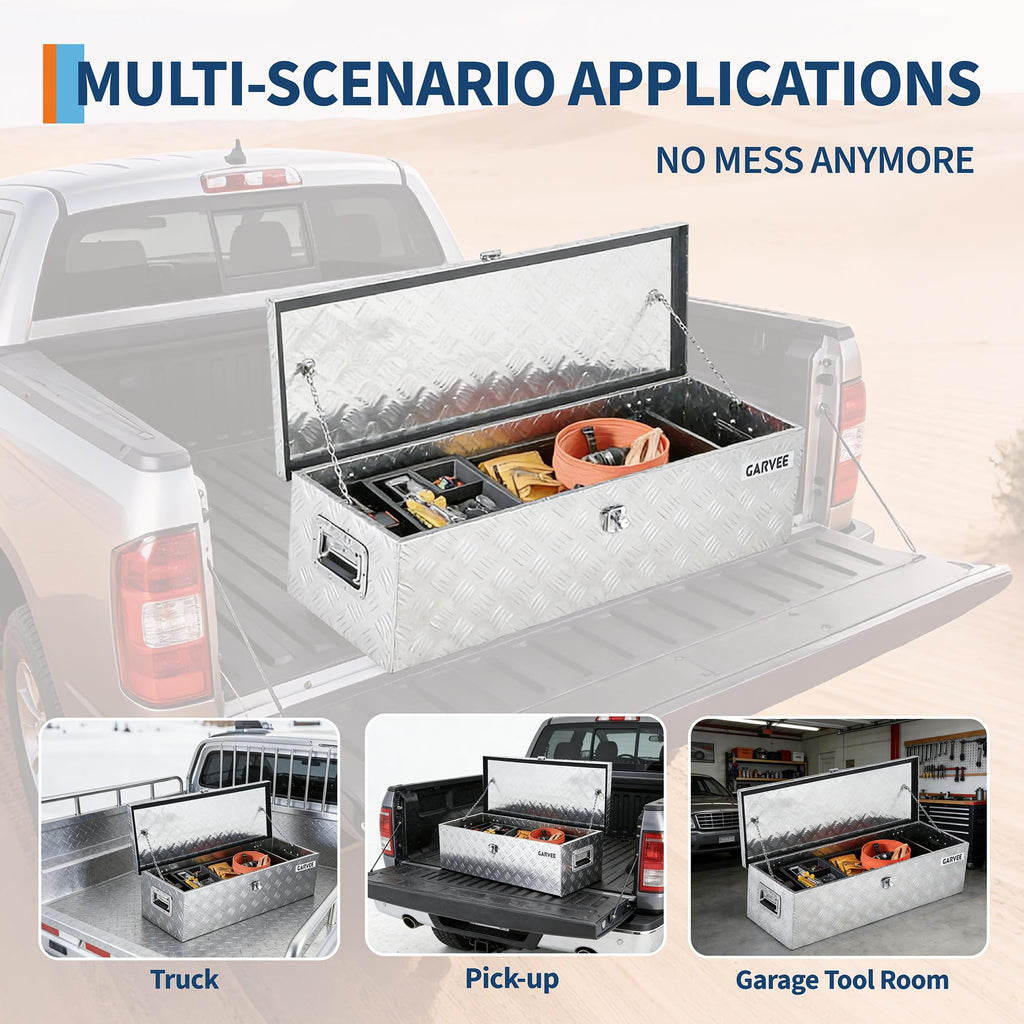 Garvee 48"X15"X15" Aluminum Truck Bed Tool Box - Heavy Duty Diamond Plate, Lock & Keys, Weather-Resistant, Side Handles, Silver, Pickup Trucks
