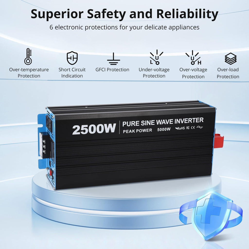 Garvee 2500W Pure Sine Wave Inverter — 5000W Peak, 12V→120V AC, Low-Idle Power, Multi‑Battery Compatible (Li/AGM/GEL), 6 Safety Protections