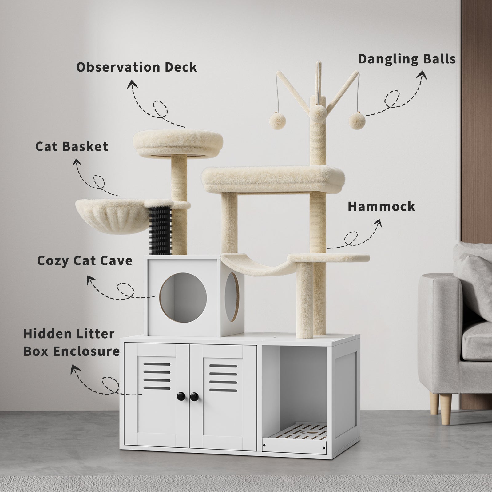 Garvee 55-Inch Litter Box Enclosure with Cat Tree, 2-in-1 Modern Large Cat Tower for Indoor Cats with Condo/Hammock/Scratching Post/Plush Perch/Caves, Wooden Hidden Litter Box Furniture, White