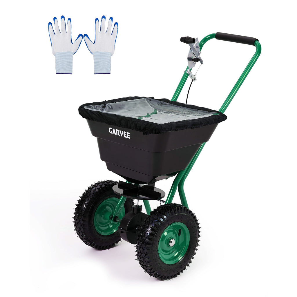Garvee 80 lb Push Broadcast Spreader with 12' Spread Width, Adjustable Drop Rate, 10" Pneumatic Tires, Rain Cover & Gloves for Seed, Fertilizer, Salt and Ice Melt, Black & Dark Green