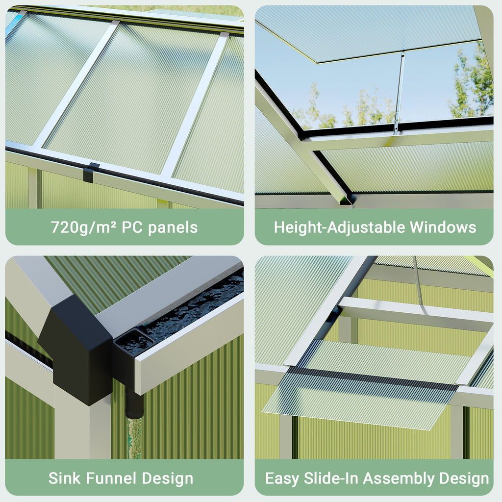 Garvee Walk-In Polycarbonate Greenhouse for Outdoors, Heavy Duty Aluminum Greenhouse with Adjustable Roof Vent & Lockable Door, UV-Protected Backyard Green House for Garden, Patio & Lawn, Easy Assembly, Silver