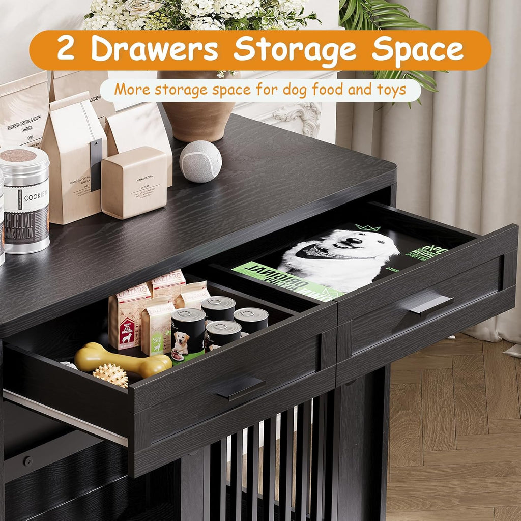 Garvee Heavy Duty Wooden Dog Crate Furniture with Sliding Barn Door and 2 Storage Drawers, Indoor Dog Kennel End Table with Hook, Farmhouse Style Dog Crates for Medium/Large Dogs, Black