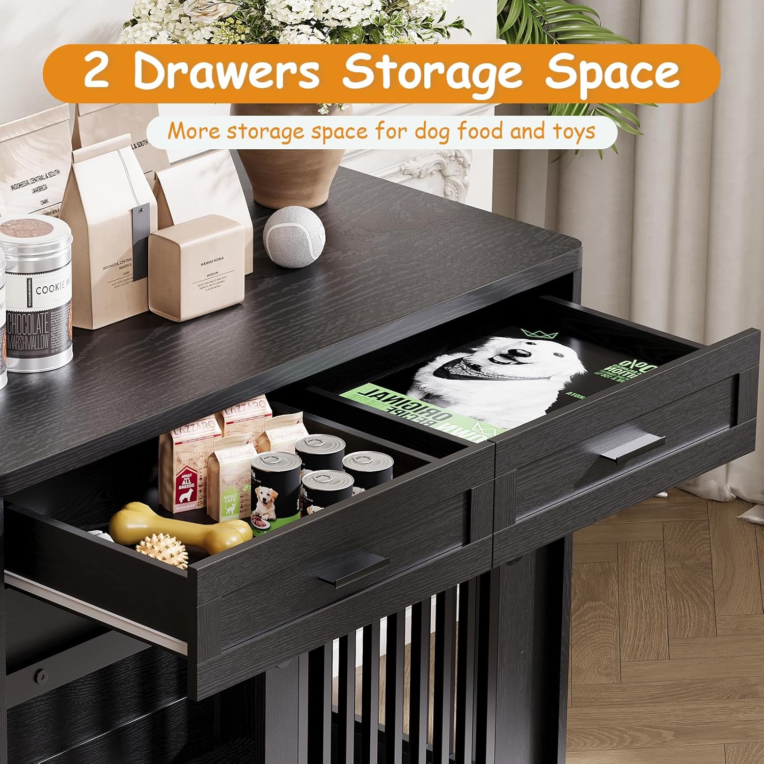 Garvee Heavy Duty Wooden Dog Crate Furniture with Sliding Barn Door and 2 Storage Drawers, Indoor Dog Kennel End Table with Hook, Farmhouse Style Dog Crates for Medium/Large Dogs, Black