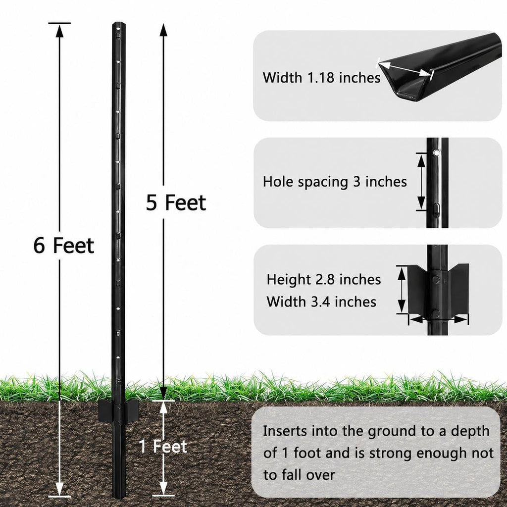 Garvee 6FT Heavy Duty U-Channel Metal Fence Posts (10-Pack) - 5ft Above Ground High-Tensile Steel Stakes with Stabilizing Anchor Plates & 3" Pre-Drilled Hole Spacing for Garden, Farm, & Wire Mesh Fencing (Black)