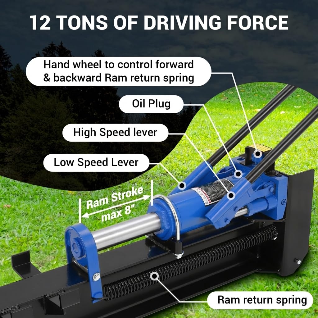Garvee 12 Ton Hydraulic Log Splitter Wood Cutter, Manual Log Splitter with Horizontal Full Steel Beam & Built-In Wheel