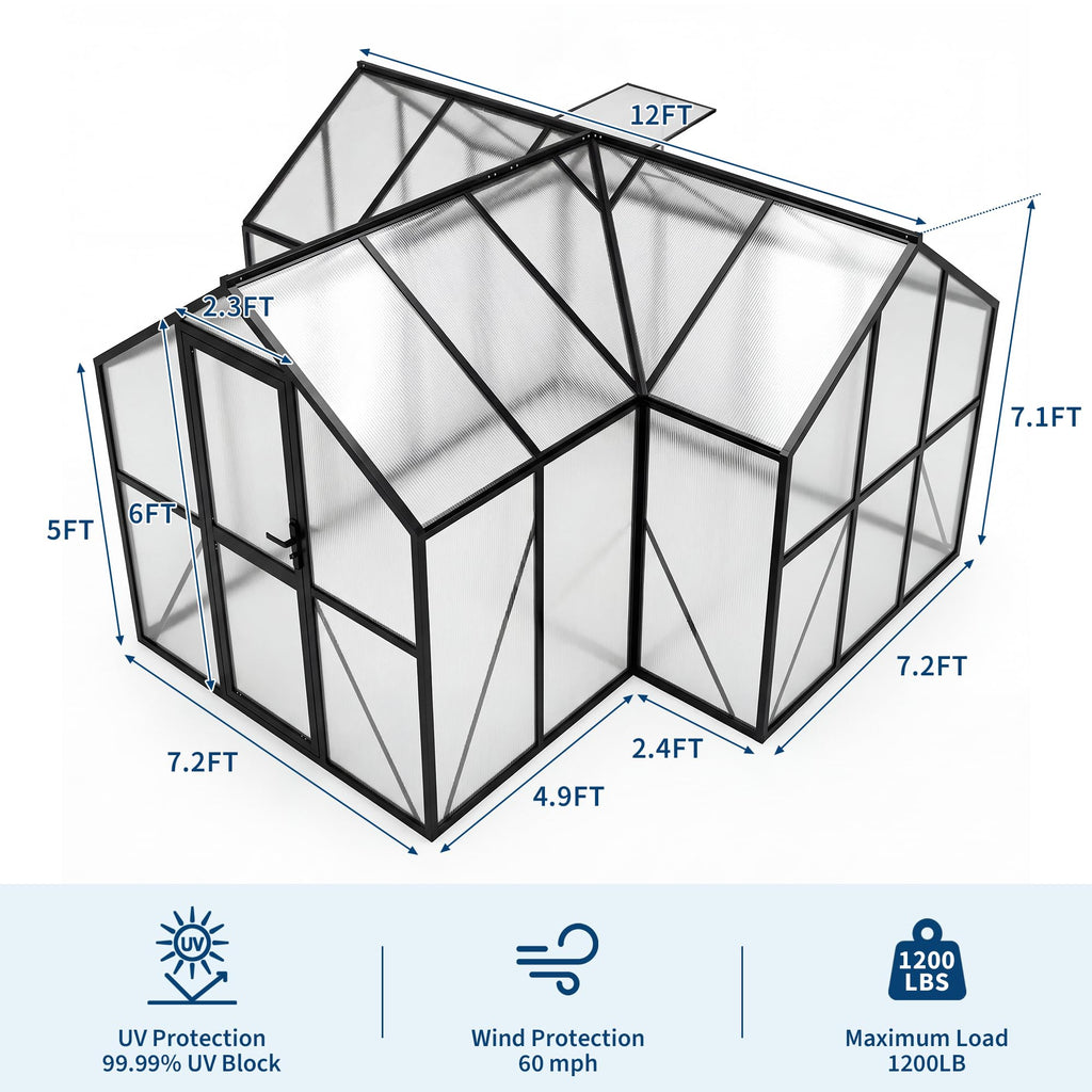 Garvee Walk-in Greenhouse 12×12 ft, 6mm Twin-Wall Polycarbonate Panels, 7 ft Peak Aluminum Frame with Roof Vent for Backyard Garden