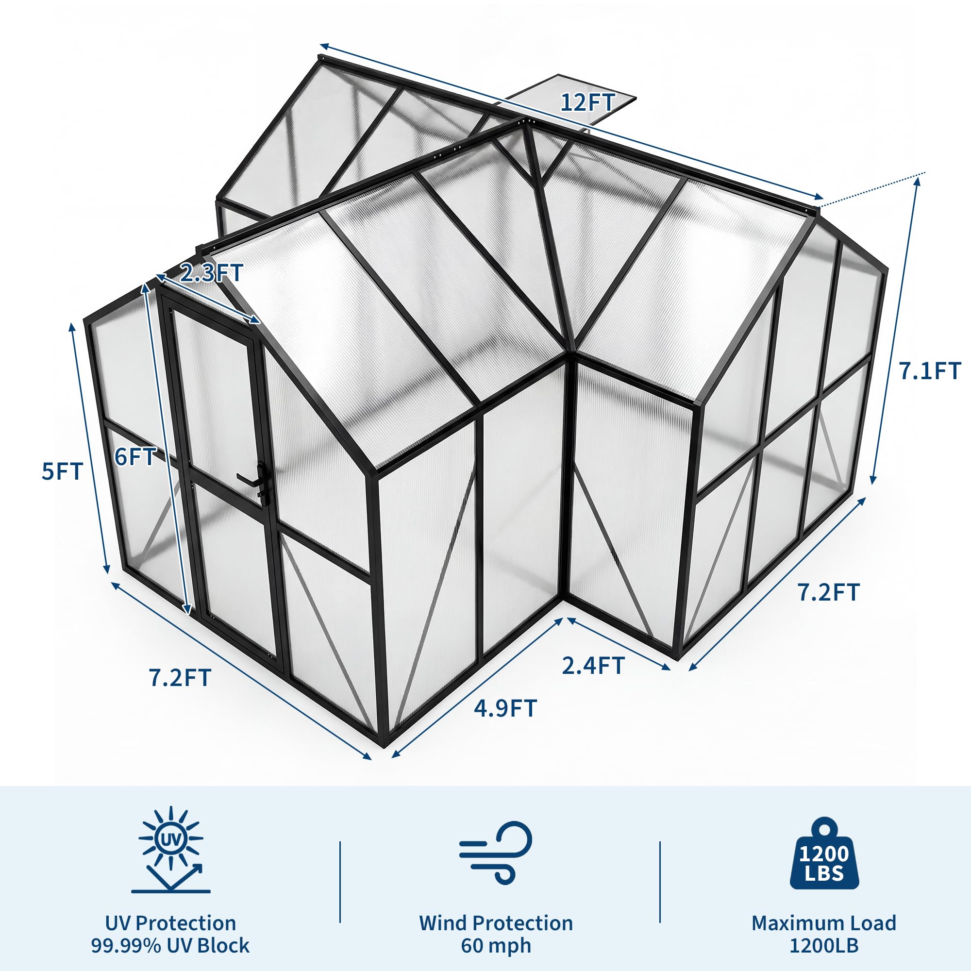Garvee Walk-in Greenhouse 12×12 ft, 6mm Twin-Wall Polycarbonate Panels, 7 ft Peak Aluminum Frame with Roof Vent for Backyard Garden