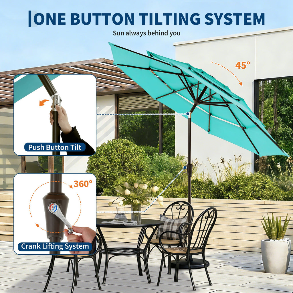 Garvee 9FT 3-Tier Solar LED Patio Umbrella, UV-Resistant Outdoor Market Umbrella with Crank & Tilt, 24 LED Lights & 8 Ribs, Light Blue