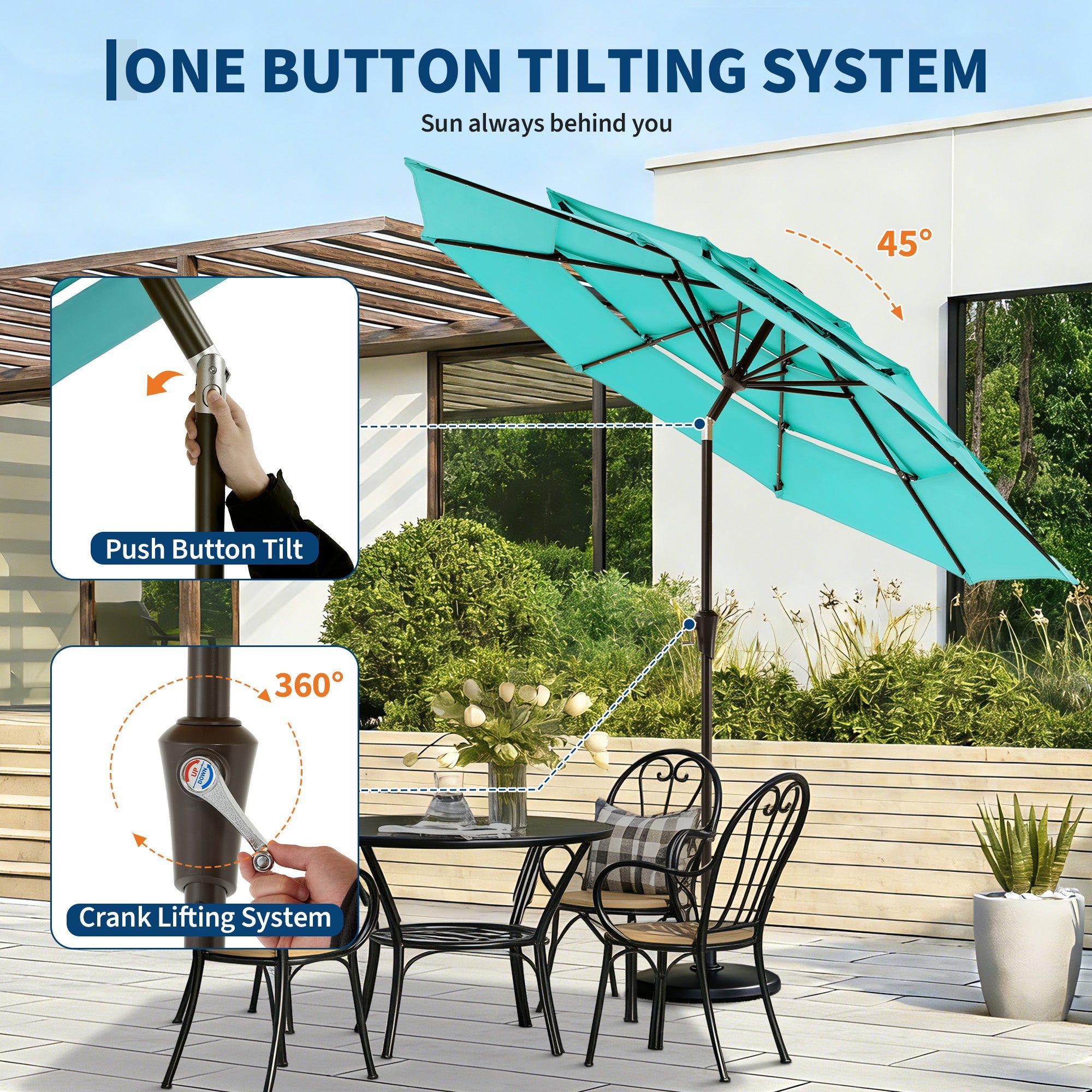 Garvee 9FT 3-Tier Solar LED Patio Umbrella, UV-Resistant Outdoor Market Umbrella with Crank & Tilt, 24 LED Lights & 8 Ribs, Light Blue
