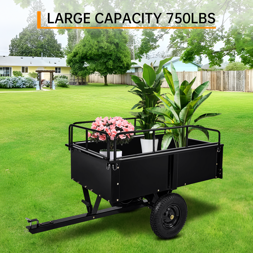 Garvee Tow-Behind Dump Cart for ATV, UTV and Lawn Tractor, 750 lbs Capacity, 15 Cu. Ft. Steel Trailer with Removable Sides and All-Terrain Tires