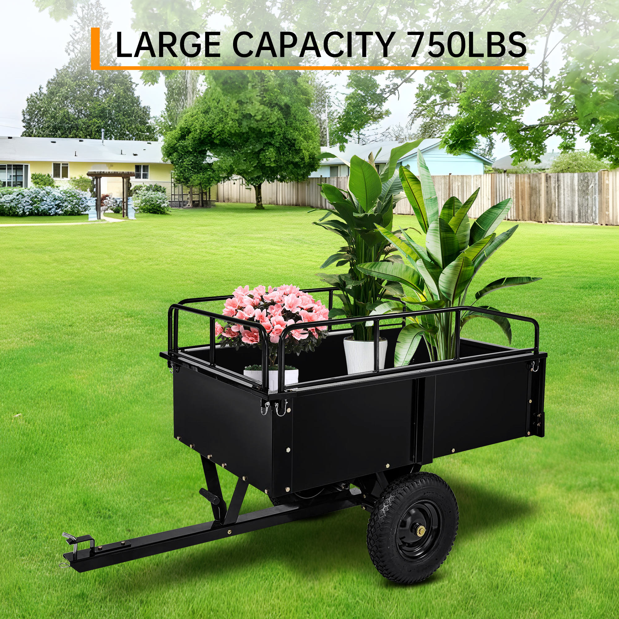 Garvee Tow-Behind Dump Cart for ATV, UTV and Lawn Tractor, 750 lbs Capacity, 15 Cu. Ft. Steel Trailer with Removable Sides and All-Terrain Tires