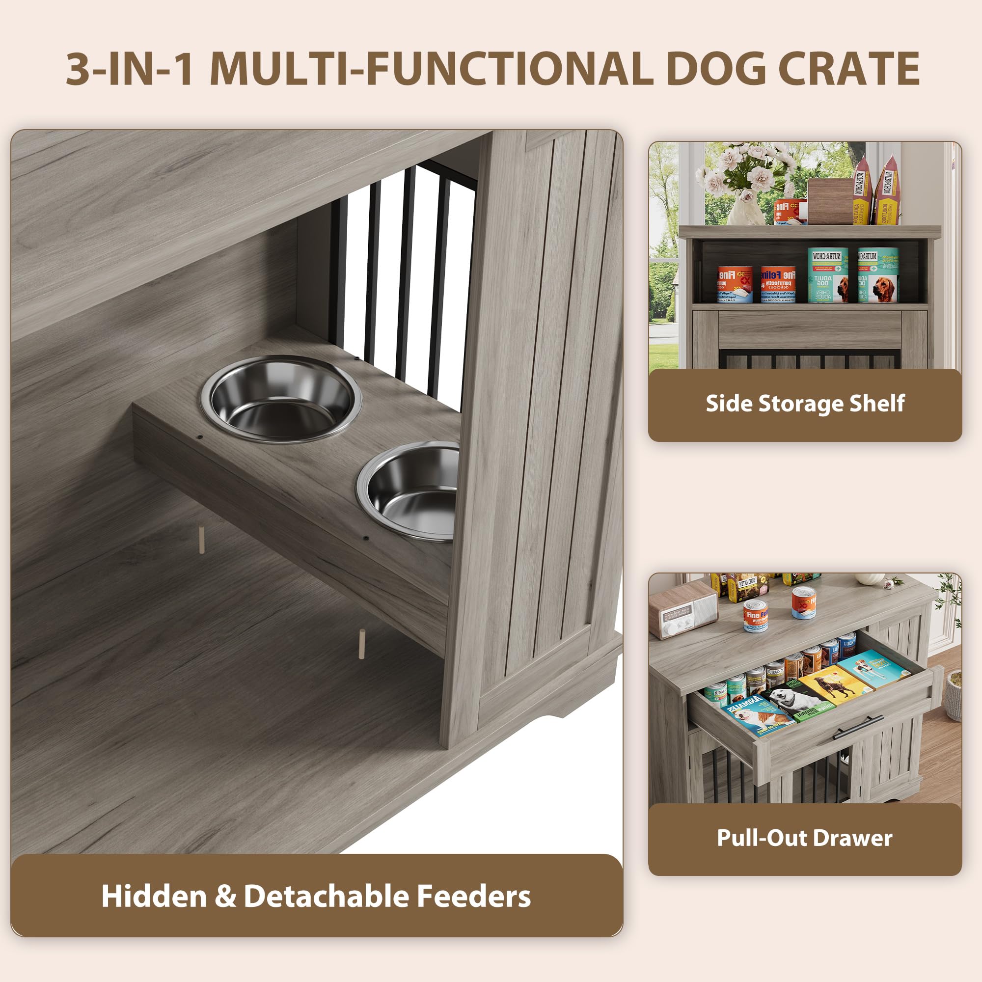 Garvee Wooden Dog Crate Furniture with Feeding Bowls & Storage, Heavy Duty Indoor Dog Kennel End Table, Decorative Furniture Dog Crate for Small Medium Large Dogs, Gray