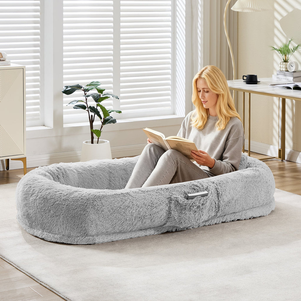 Garvee Orthopedic Soft Faux Fur Human Dog Bed for Adults & Pets – Large 67"x43"x8" Lounger, Egg Crate Foam, Removable Pillow, Side Pocket, Handle, Washable Cover, Cozy Floor Bed, White Grey