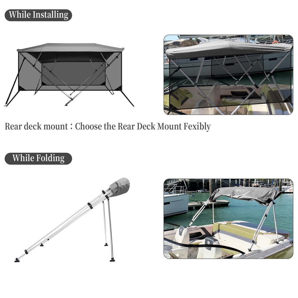 Garvee 4 Bow Bimini Top for Boats - 8'L x 54"H x 73"-78"W - 600D PU-Coated Light Gray Canvas Canopy with Translucent Side Curtains - 1" Aluminum Frame, UV Protection, Zippered Boot, Straps, Rear Support Poles - Color: Light Gray (Translucent Side Curtain)