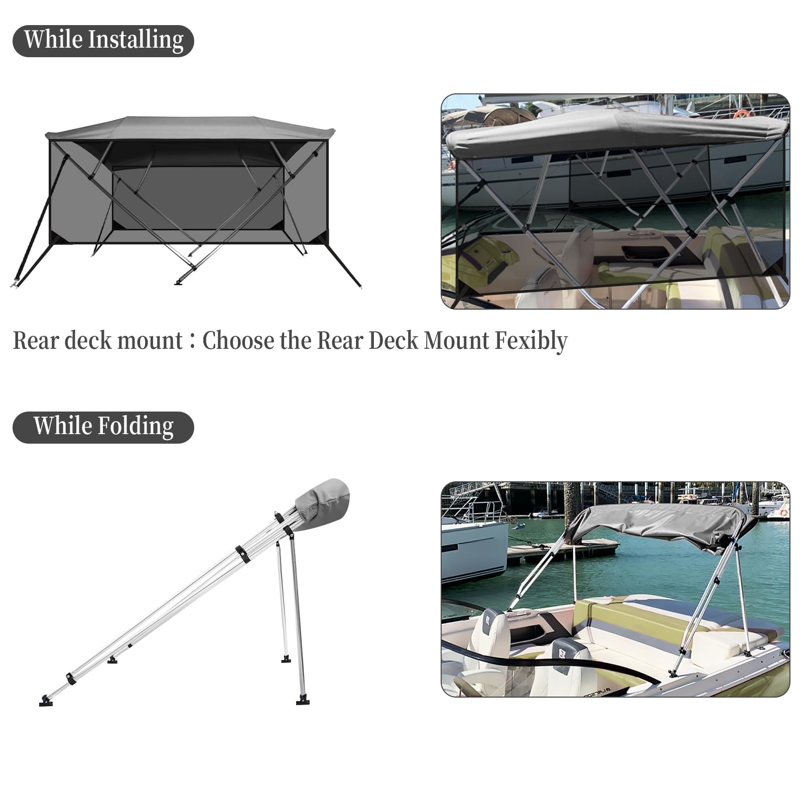 Garvee 4 Bow Bimini Top for Boats - 8'L x 54"H x 73"-78"W - 600D PU-Coated Light Gray Canvas Canopy with Translucent Side Curtains - 1" Aluminum Frame, UV Protection, Zippered Boot, Straps, Rear Support Poles - Color: Light Gray (Translucent Side Curtain)