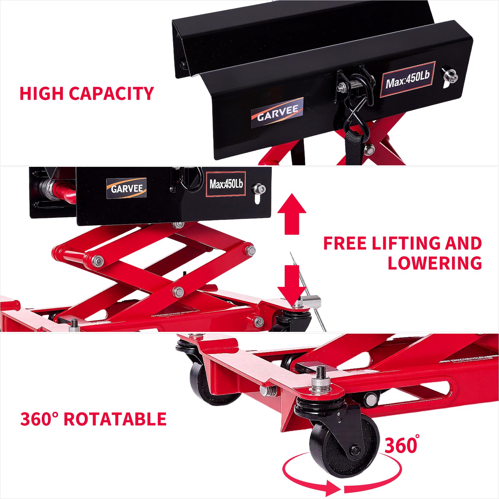 Garvee 450 lbs Transmission Jack - Low-Profile 7"-23" Lift, Heavy-Duty Steel Design with Safety Straps and 4 Swivel Wheels for Garage Use