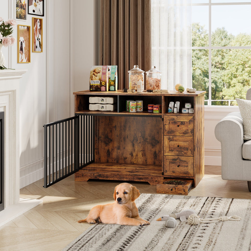 Garvee 48" Dog Crate Furniture with Bowls, Heavy Duty Dog Kennel End Table with 3 Storage Drawers, Locking Door, Farmhouse Style Pet Crate Cabinet for Medium Small Dogs, Retro Brown