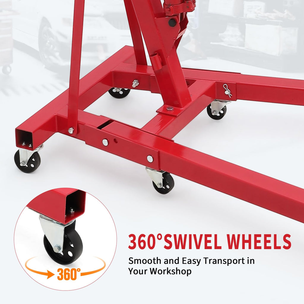 Garvee 2 Ton Hydraulic Engine Hoist - Folding Cherry Picker Crane with Adjustable Telescoping Boom - 4400 LBS Capacity, 6 Swivel Caster Wheels - Heavy Duty for Garage, Workshop, Warehouse – Red without Load Distributor, 2T