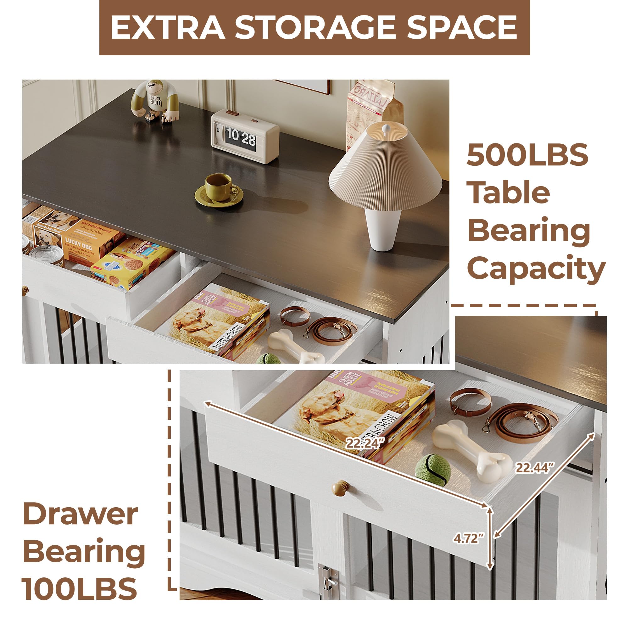Garvee 2 Pack Spacious Double Dog Crate Furniture, 47" Large Dog Kennel, Removable Divider, 2 Storage Drawers, Chew-Resistant, Triple Door End Table for Large Dogs, White+Brown Table Top
