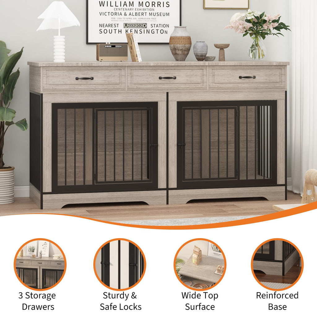 Garvee 71" Dog Crate Furniture for 2 Dogs, Heavy Duty Double Dog Kennel with 3 Drawers, Extra Large Furniture Style Indoor Dog Crate Table TV Stand  for Medium/Large Dogs, Light Gray