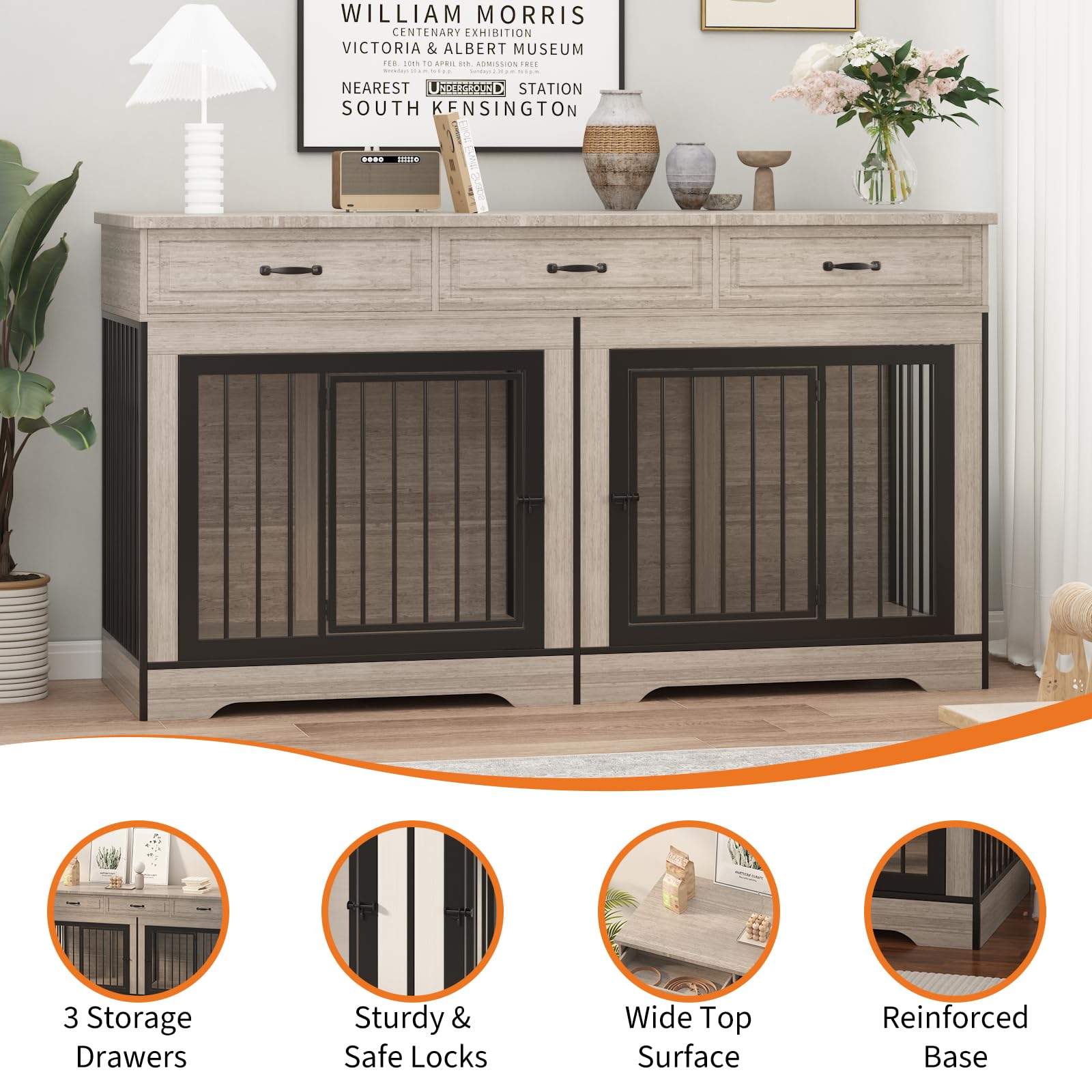 Garvee 71" Dog Crate Furniture for 2 Dogs, Heavy Duty Double Dog Kennel with 3 Drawers, Extra Large Furniture Style Indoor Dog Crate Table TV Stand  for Medium/Large Dogs, Light Gray