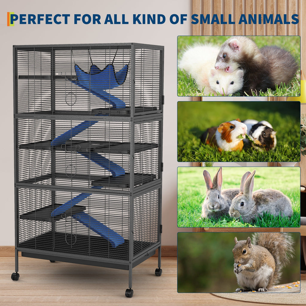 Garvee Spacious 6-Tier Metal Small Animal Cage - Lockable Double Doors, Fleece Ramps, Hammock, Rolling Wheels - Heavy-Duty Enclosure for Ferrets, Chinchillas, Guinea Pigs, Rabbits, Small Pets - Black