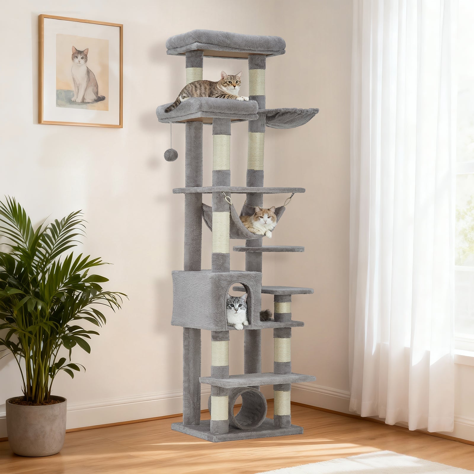 Garvee Multi-Level Cat Tree with Condo, 74" Tall Cat Tower with 11 Scratching Posts, Hammock, Tunnel, Large Top Perches & Anti-tip Kit, Indoor Cat Furniture for Large Cats, Light Gray