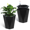 Garvee Self-Watering Planters, Set of 2 16 in Tall Resin Pots with Water Level Gauge, Double Tray, Hidden Wheels & 14-Day Reservoir for Indoor Outdoor Patio, Porch & Office, Black