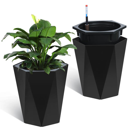 Garvee Self-Watering Planters, Set of 2 16 in Tall Resin Pots with Water Level Gauge, Double Tray, Hidden Wheels & 14-Day Reservoir for Indoor Outdoor Patio, Porch & Office, Black