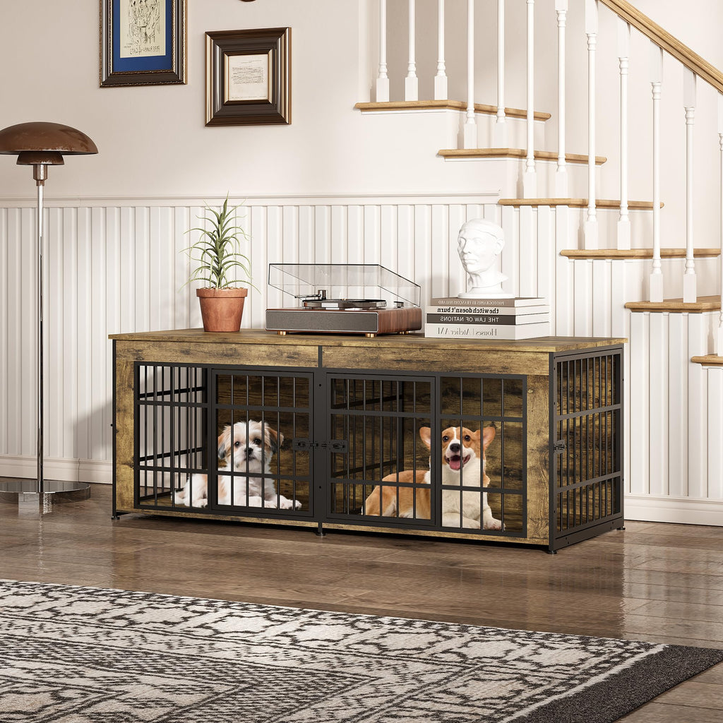 Garvee Double Dog Crate Furniture with Divider – Heavy Duty Wooden Indoor Kennel End Table – 3-in-1 Pet House for Large/Medium Dogs – Metal Doors, Adjustable Feet, Easy Assembly – Tiger Wood
