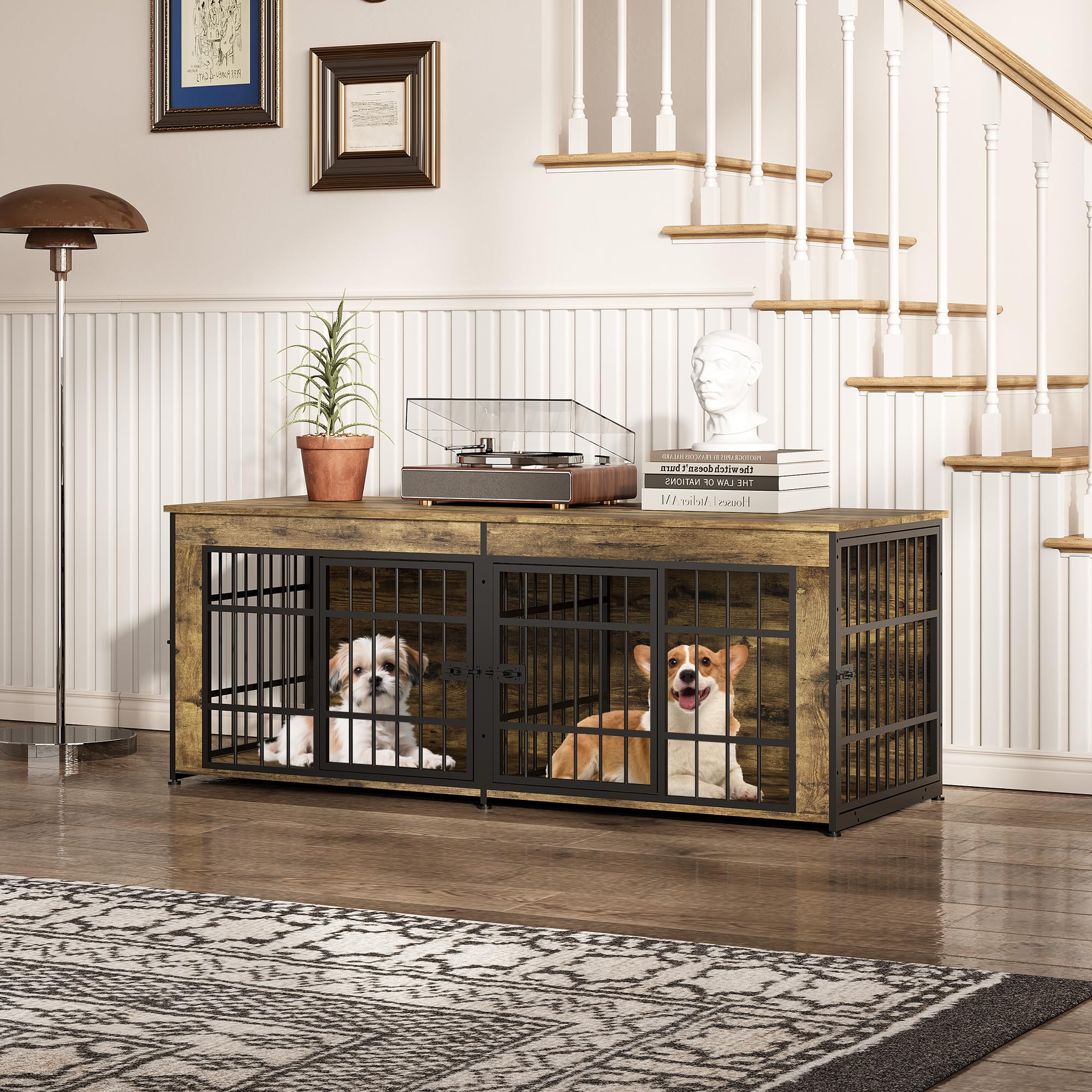 Garvee Double Dog Crate Furniture with Divider – Heavy Duty Wooden Indoor Kennel End Table – 3-in-1 Pet House for Large/Medium Dogs – Metal Doors, Adjustable Feet, Easy Assembly – Tiger Wood