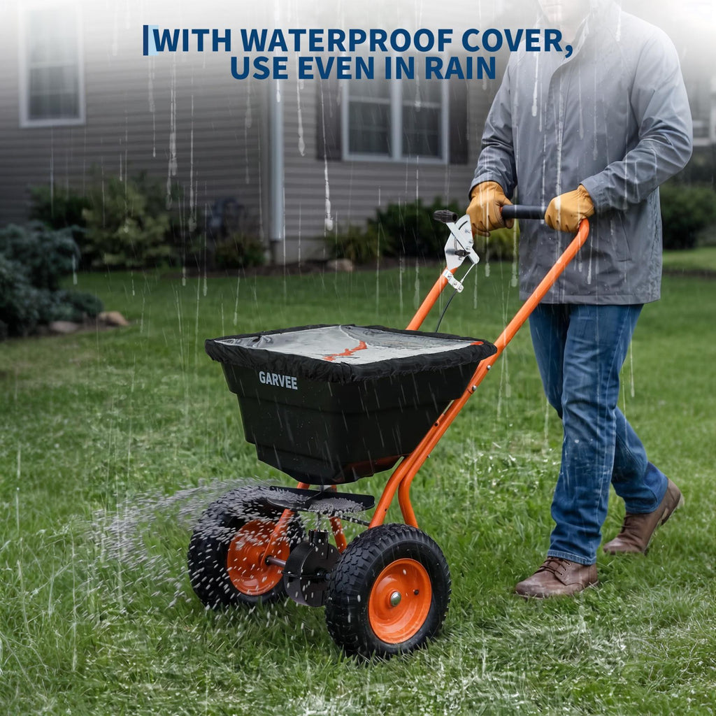 Garvee 80 lb Push Broadcast Spreader with 12' Spread Width, Adjustable Drop Rate, 10" Pneumatic Tires, Rain Cover & Gloves for Seed, Fertilizer, Salt and Ice Melt, Black & Orange-Red