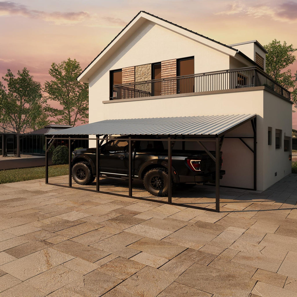 Garvee Lean-to Metal Carport 12×25 ft, 292" Deep Wall-Mounted Shelter, 107"–78" Vertical Roof with 19-Gauge Steel Frame for Pickup SUV