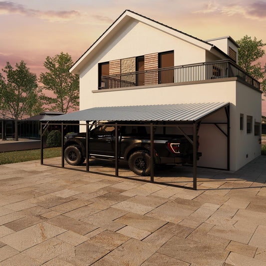 Garvee Lean-to Metal Carport 12×25 ft, 292" Deep Wall-Mounted Shelter, 107"–78" Vertical Roof with 19-Gauge Steel Frame for Pickup SUV