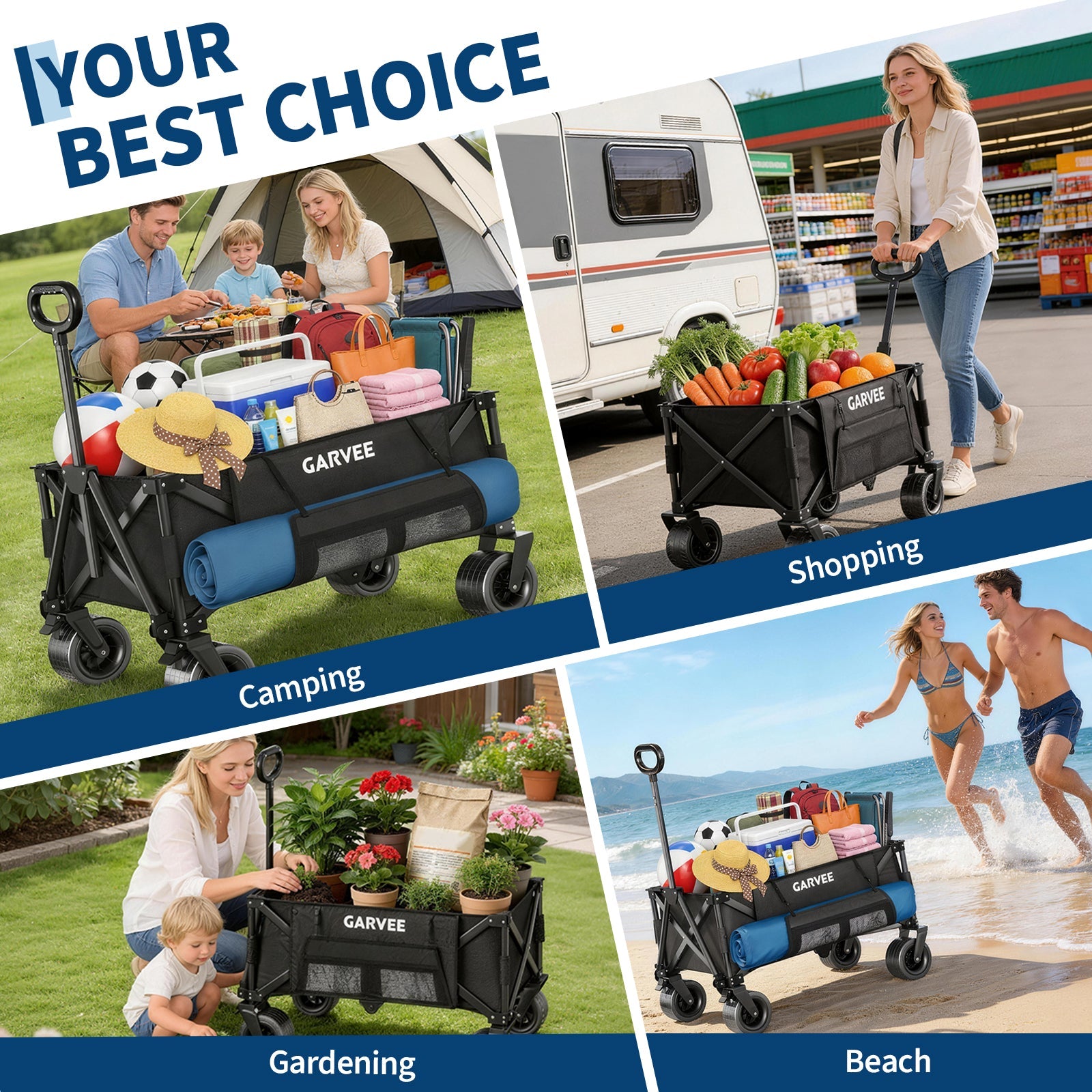Garvee Heavy Duty Collapsible Garden Wagon Cart, 280L Large Folding Utility Wagon with 460 lb Capacity, All-Terrain Wheels, Side Pockets, Cup Holders & Storage Cover, Black
