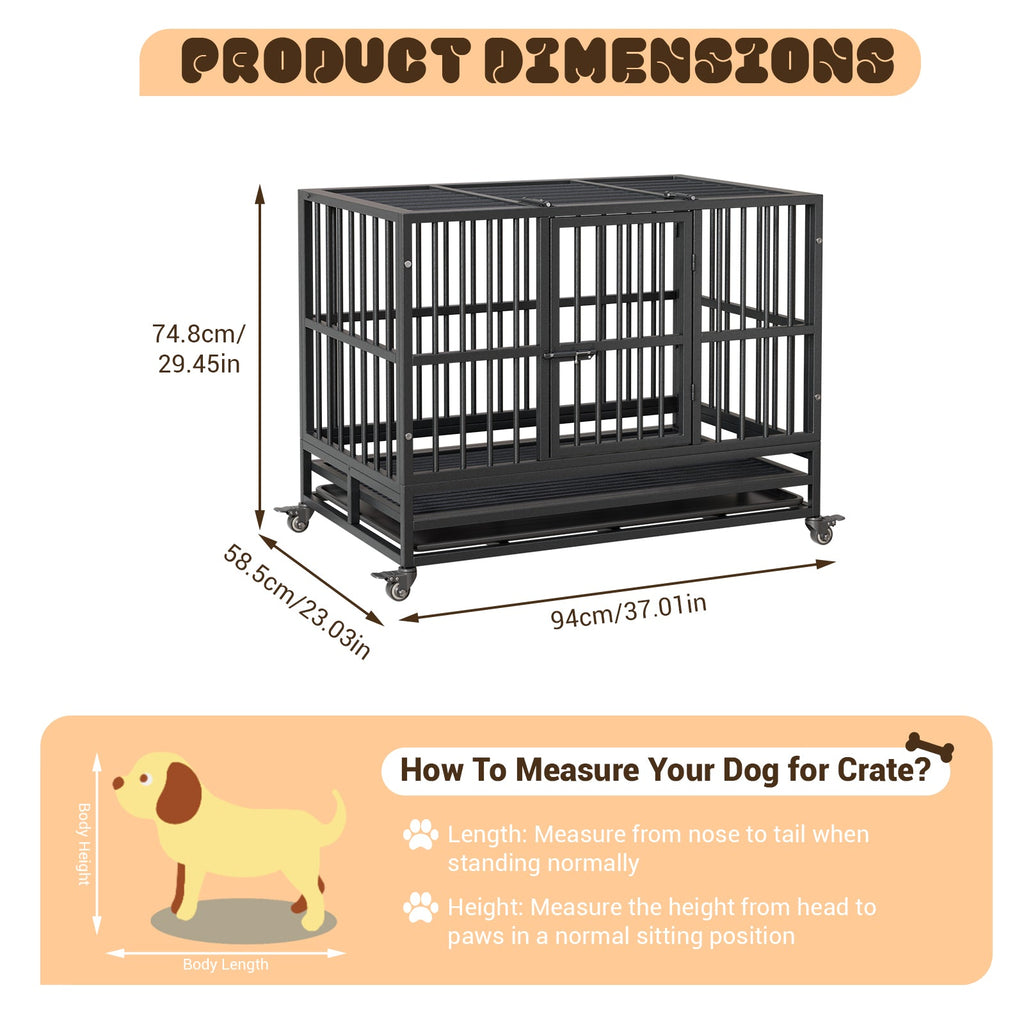 Garvee Heavy Duty Indestructible Dog Crate – Escape-Proof Steel Kennel with Double Doors, 360° Lockable Wheels, Removable Tray, Easy Assembly – Secure Dog Cage for Small, Medium, Large Breeds, Size: 37inch