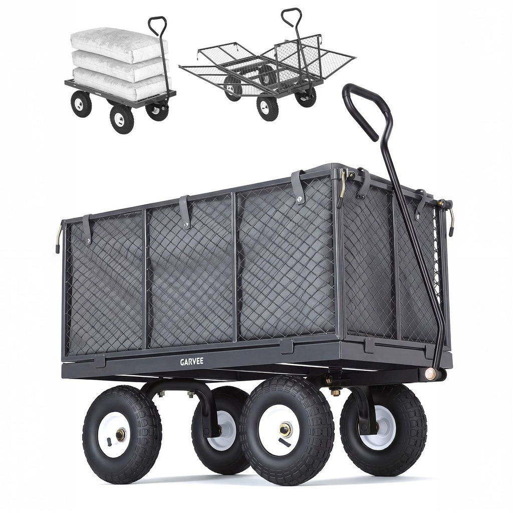 Garvee 800LBS Heavy Duty Steel Garden Cart Wagon with 10" Pneumatic Tires, Removable Mesh Sides, 180° Rotating Handle & Waterproof Bag, Utility Yard Trailer for Lawn, Garden & Farm, Gray