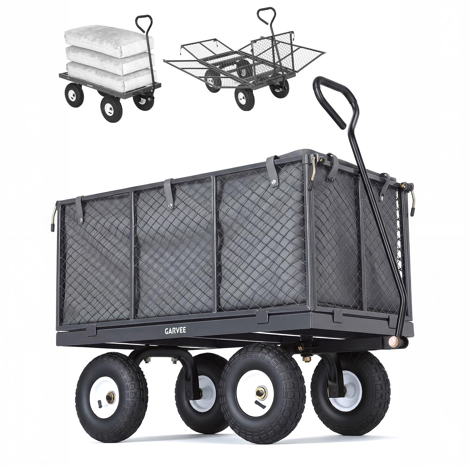 Garvee 800LBS Heavy Duty Steel Garden Cart Wagon with 10" Pneumatic Tires, Removable Mesh Sides, 180° Rotating Handle & Waterproof Bag, Utility Yard Trailer for Lawn, Garden & Farm, Gray