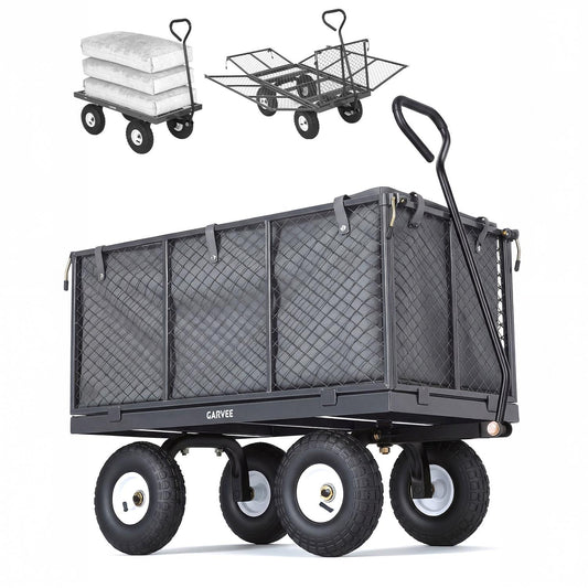 Garvee 800LBS Heavy Duty Steel Garden Cart Wagon with 10" Pneumatic Tires, Removable Mesh Sides, 180° Rotating Handle & Waterproof Bag, Utility Yard Trailer for Lawn, Garden & Farm, Gray