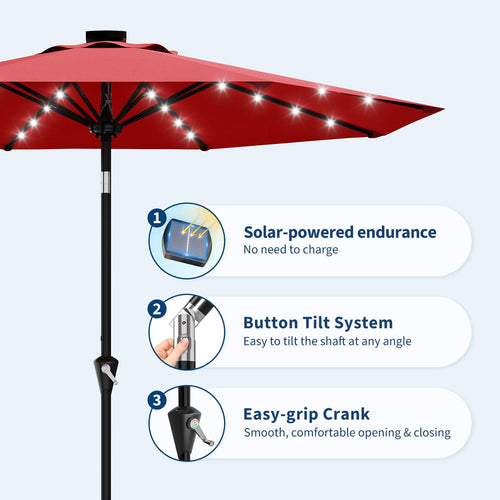 Garvee 10 ft Solar Patio Umbrella with 32 LED Lights, Outdoor Market Umbrella with Crank Lift & Tilt, UV-Resistant Canopy for Pool, Garden & Backyard, Red