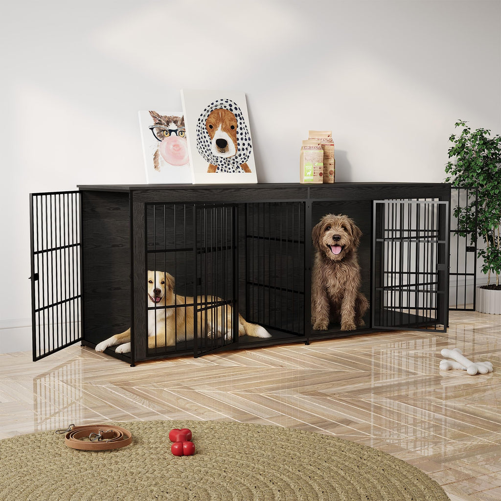 Garvee 94.5" Extra Large Dog House Furniture, Heavy Duty Wooden Dog Kennel Indoor End Table, TV Stand  for Large/Medium Dogs, 4 Doors, Divider, Storage, Adjustable Feet, Gray