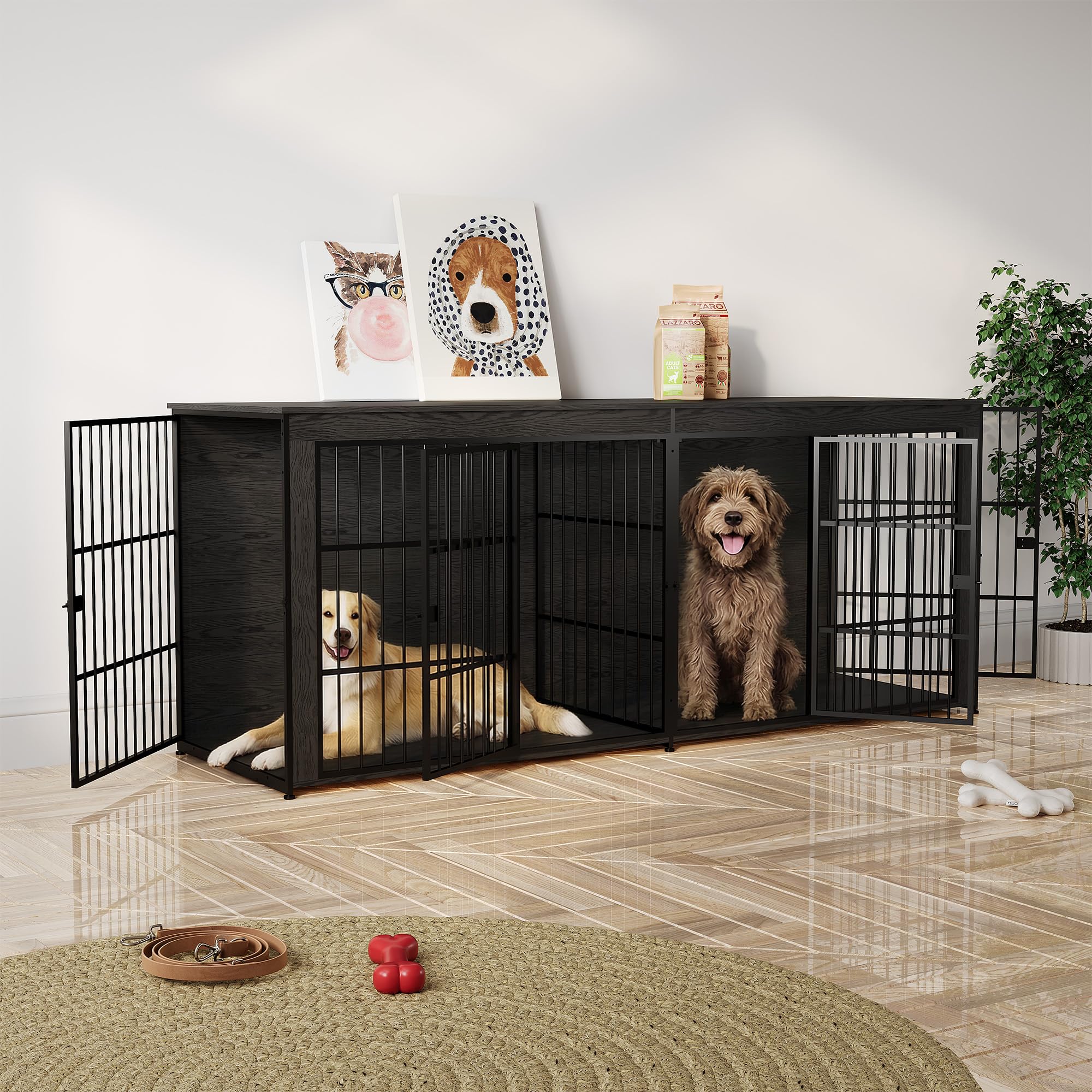 Garvee 94.5" Extra Large Dog House Furniture, Heavy Duty Wooden Dog Kennel Indoor End Table, TV Stand  for Large/Medium Dogs, 4 Doors, Divider, Storage, Adjustable Feet, Gray
