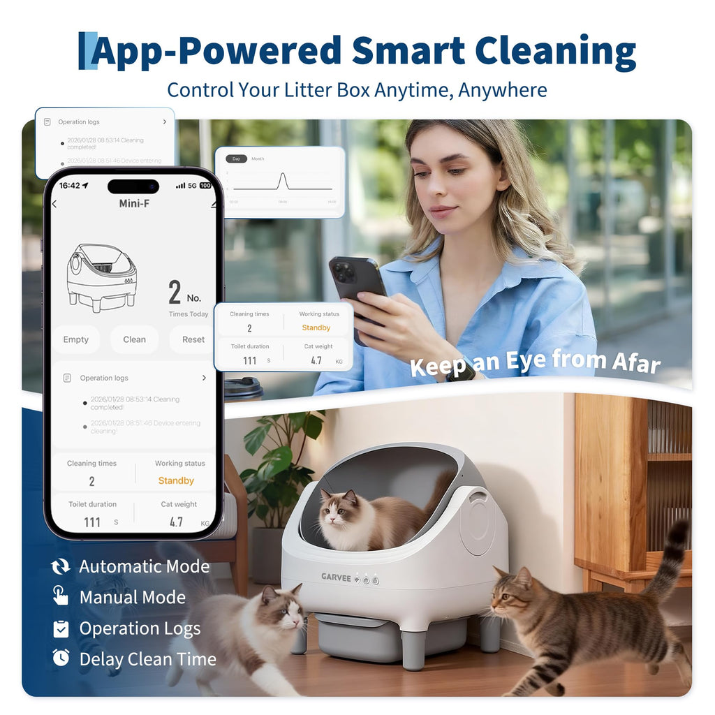 Garvee Self-Cleaning Cat Litter Box with App Control, Automatic Litter Box with Odor-Free 10.5L Bin, Whisper-Quiet, 7-Layer Safety, Open-Top Design for Large & Multiple Cats, Gray