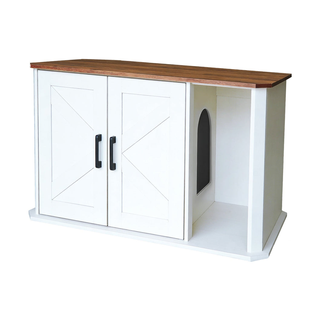 Garvee Modern Wooden Cat Litter Box Furniture – Double-Door Hidden Washroom Cabinet with Side Entry – Easy to Clean, Odor Control – Spacious Cat House End Table – Yunxi White Brown
