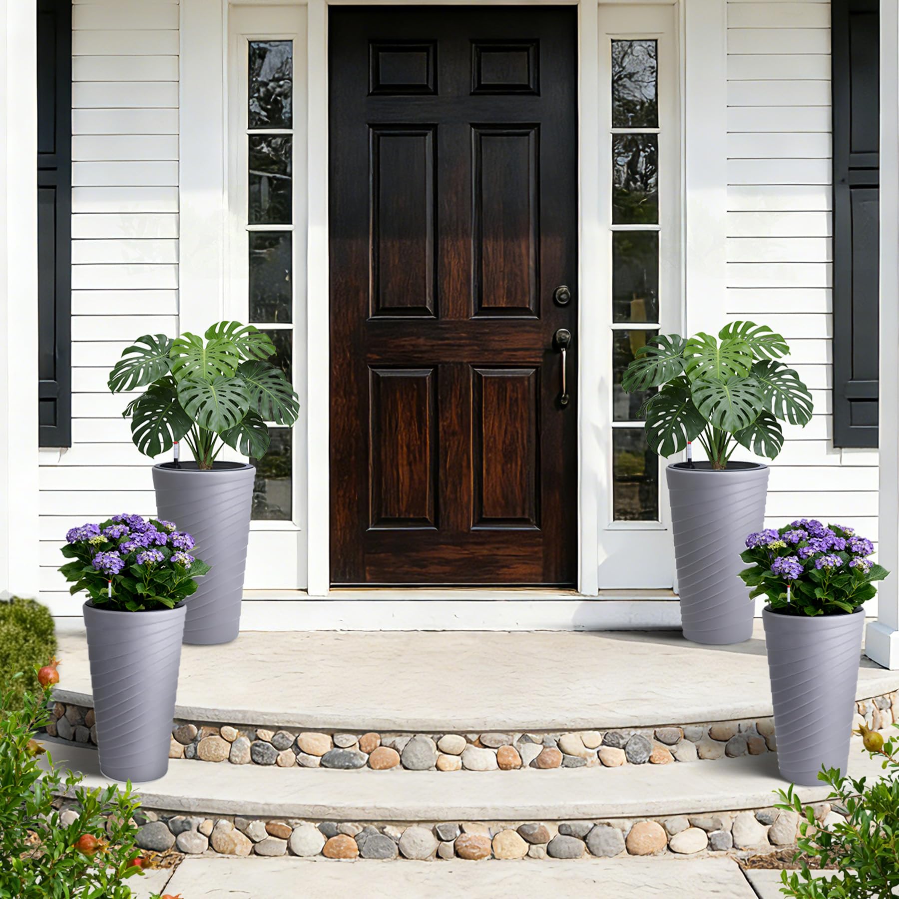 Garvee Self Watering Planters Set of 2, 16.3" Gray Round Plant Pots with Water Level Monitor & Drainage for Porch Patio