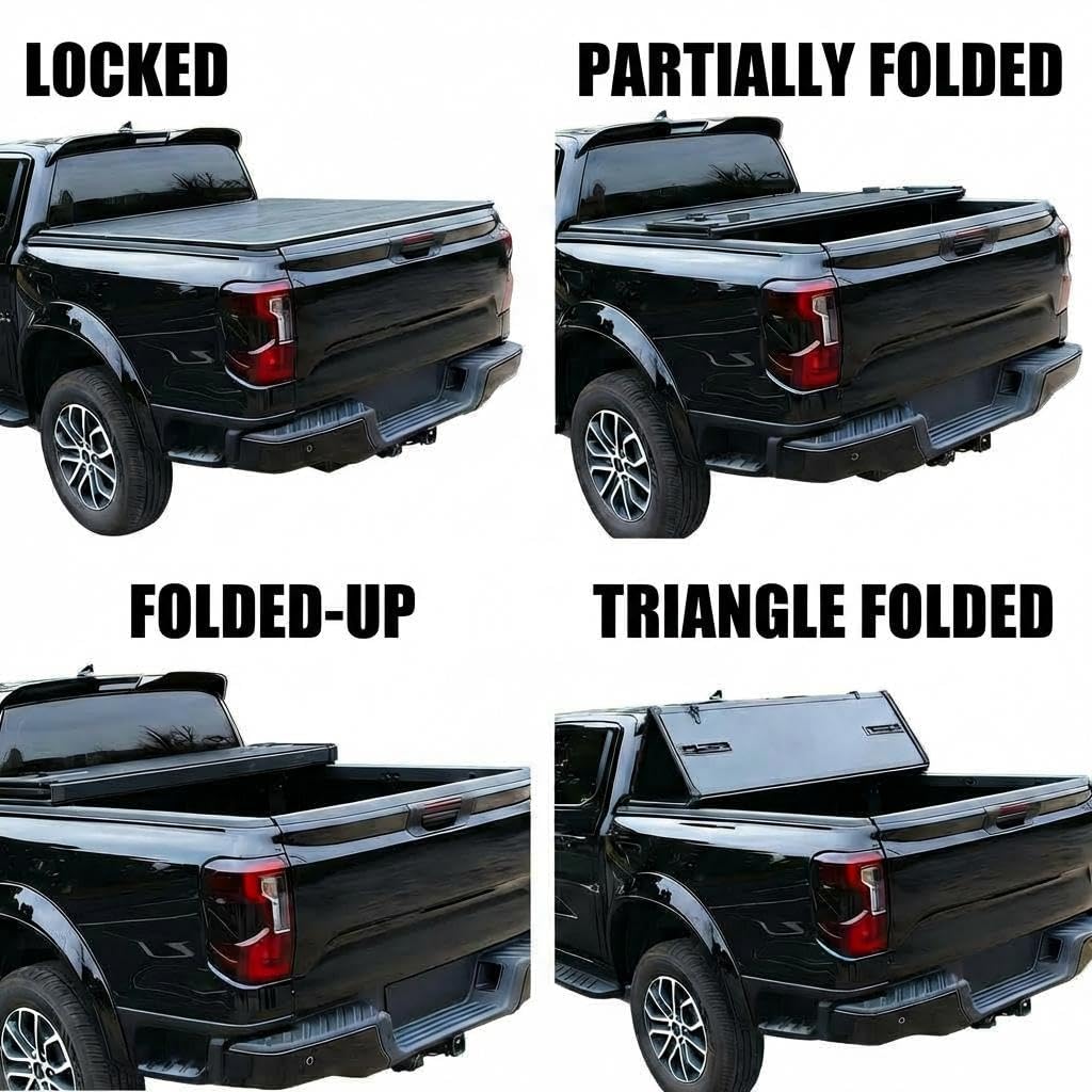 Garvee Hard Folding Tonneau Cover for 2022-2023 Ford F150 4.2ft Bed - Zinc Aluminum Alloy, Tri-Fold Design, Clamp-On Installation, Black, Secure Cargo Protection