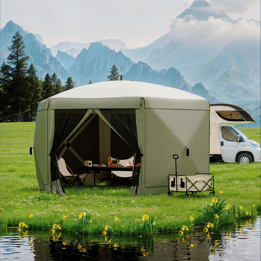 Garvee 11.7 ft Hexagon Screen Tent, 230 cm High Instant Pop Up Canopy with 6 Wind Panels, 210D Polyester Mesh Walls for Camping, Patio & Backyard, Green